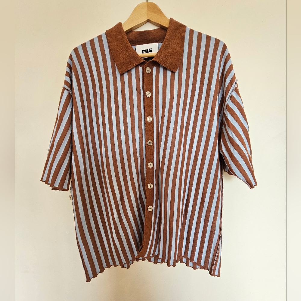 Rus Clothing Tatami Knit Short Sleeve Shirt Brown And Light Blue Stripes Size Sm